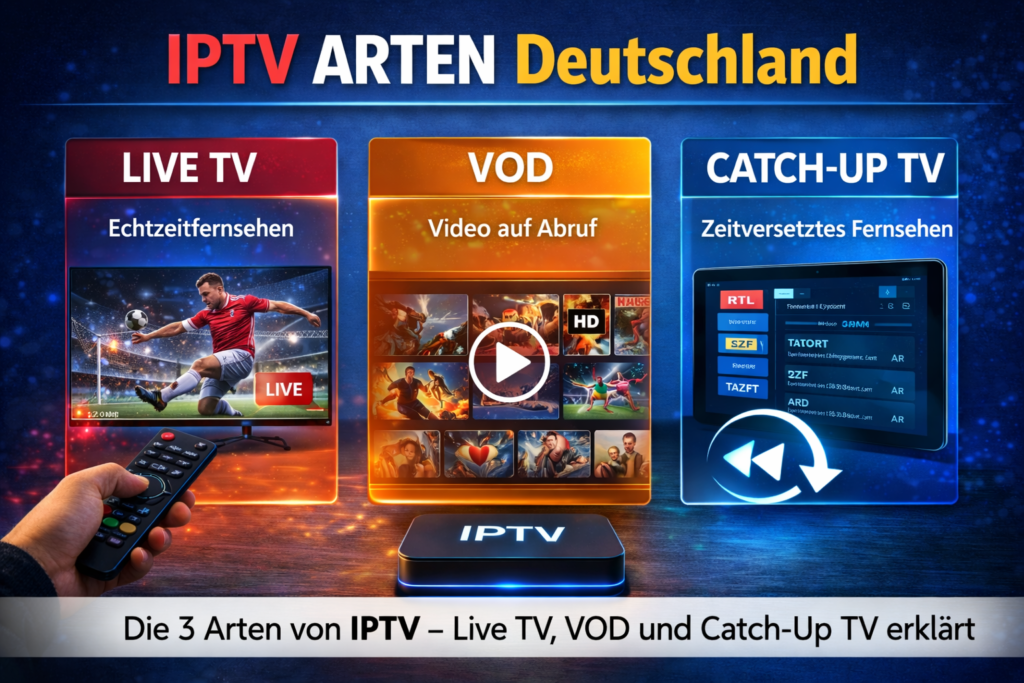 "IPTV Arten Deutschland Live TV VOD Catch-Up" Bildunterschrift: Die 3 Arten von IPTV – Live TV, VOD und Catch-Up TV erklärt
