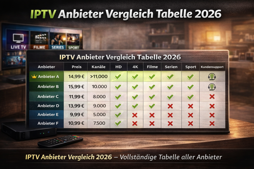 IPTV Anbieter Vergleich Tabelle 2026